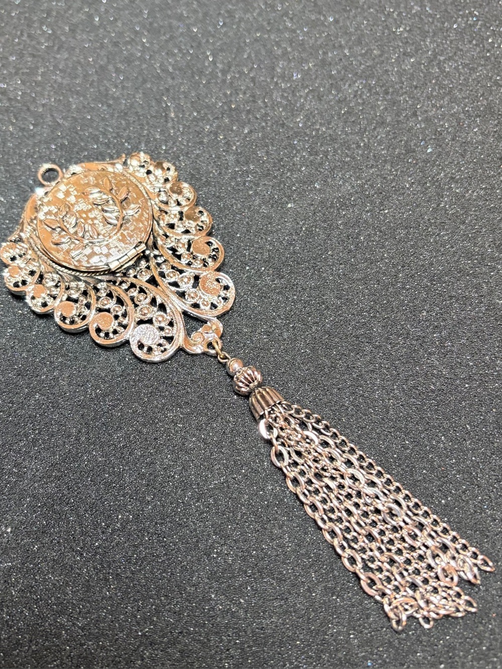 Ornate Silver Tone Filigree Tassel Brooch/Pendant With Locket